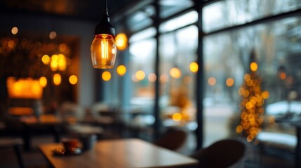 Coffee shop interior with warm golden lights, winter atmosphere. Blurred background