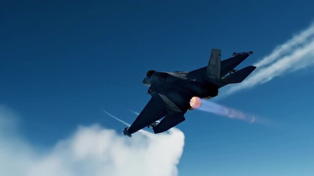 Rear view of a modern stealth fighter jet executing a highg maneuver against a deep blue sky, showing afterburner glow and contrails, 4k high quality video