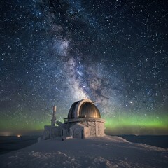 Obraz premium Observatory Under the Milky Way and Aurora Borealis.