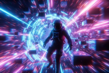 Astronaut traversing a vibrant neon hyperspace tunnel with abstract data streams