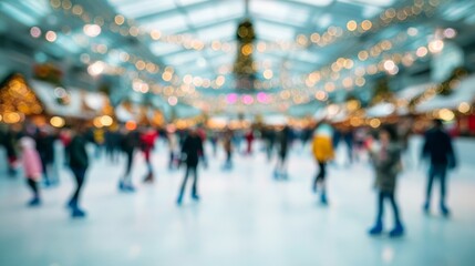 Obraz premium Ice skating rink background with colorful winter clothing, festive mood. Blurred background