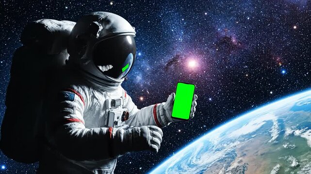 Astronaut Holding a Smartphone in Outer Space with Earth View.