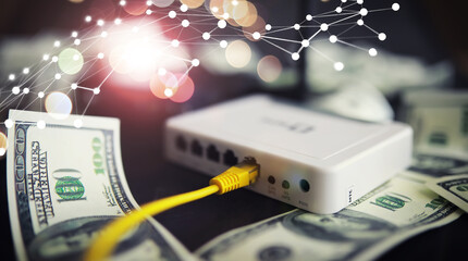 Financial technology trade market wireless communication connection business information concept. Communication internet cost concept. Fintech. Network trading exchange.