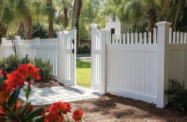 The gated fence provides both privacy and security for the homeowners.