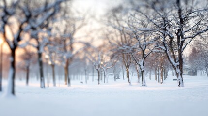 Snowy park scene with bare trees, soft winter light ambiance. Blurred background