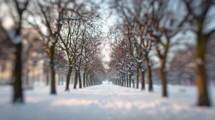 Fototapeta premium Snowy park scene with bare trees, soft winter light ambiance. Blurred background