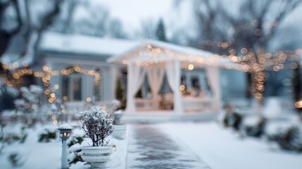 Fototapeta premium Winter wedding venue background with elegant snow-covered garden. Blurred background