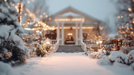 Fototapeta premium Winter wedding venue background with elegant snow-covered garden. Blurred background