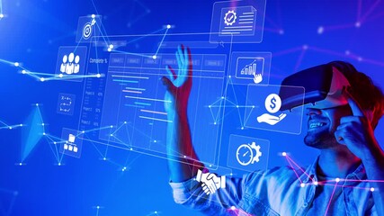 A man interacts with a virtual reality headset set against a vibrant blue backdrop, showcasing digital data visualizations and business graphs, symbolizing technological progress. Raster - Powered by Adobe