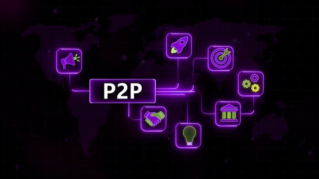Peer to Peer P2 P Network Concept with on Black Background neon purple