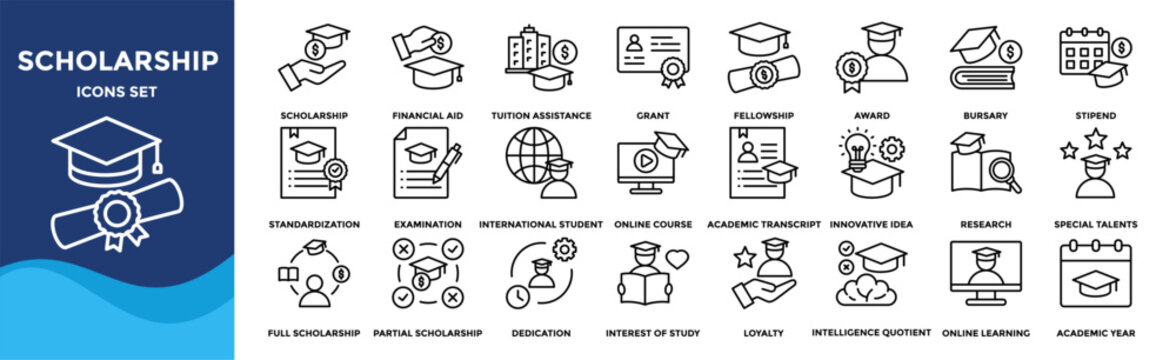 Scholarship icon collection set. Containing financial aid,tuition assistance,grant,fellowship,award,bursary,stipend icon