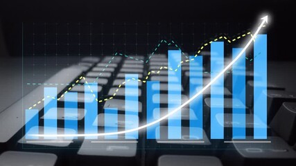 This image illustrates financial growth with blue bar graphs and a line chart over a computer keyboard, emphasizing digital analysis and modern business insights. Copula - Powered by Adobe