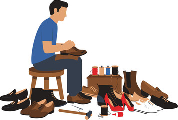 Shoemaker repairing shoes on wooden stool.