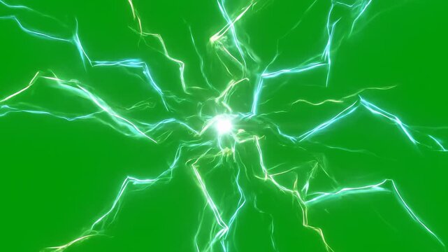 Bright Lens Flare and Electric Energy Burst on Green Screen Background.