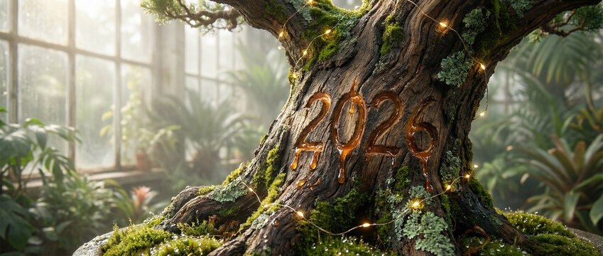 New Year '2026' Carved into Ancient Mossy Tree Trunk with Fairy Lights in Lush Greenhouse - Powered by Adobe
