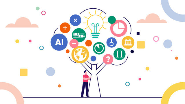 Person Harvesting Ideas from Knowledge Tree Representing Creativity and Innovation