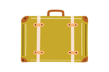 Flat cartoon vector illustration of cute vintage leather suitcase, travel nostalgia theme, cozy retro mood icon, simple decorative object for journey, vacation graphics, packing visuals