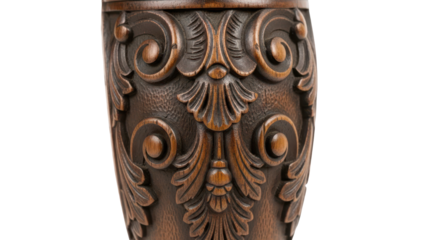 Close up of intricate carving on a vintage wooden furniture leg isolated on white background