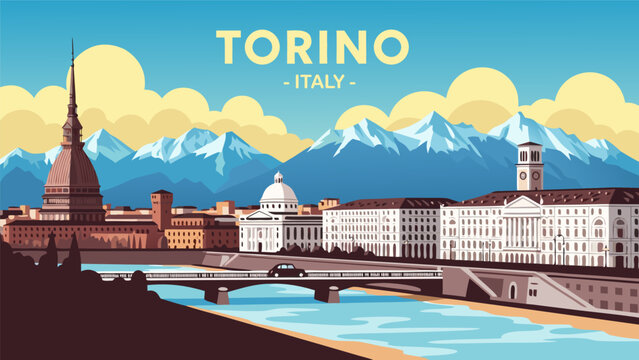 Torino, Italy A Stunning Vector Illustration of the Cityscape with the Alps in the Background