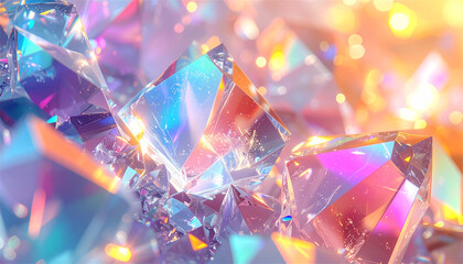 虹色の光を反射する透明クリスタル結晶の抽象背景｜幻想的で高級感のある3Dガラスアート