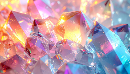 虹色の光を反射する透明クリスタル結晶の抽象背景｜幻想的で高級感のある3Dガラスアート