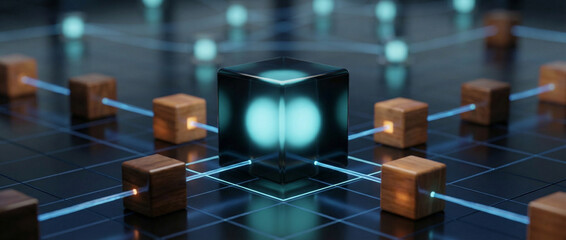 Abstract 3D render of blockchain technology network with glowing blue central block and connected nodes