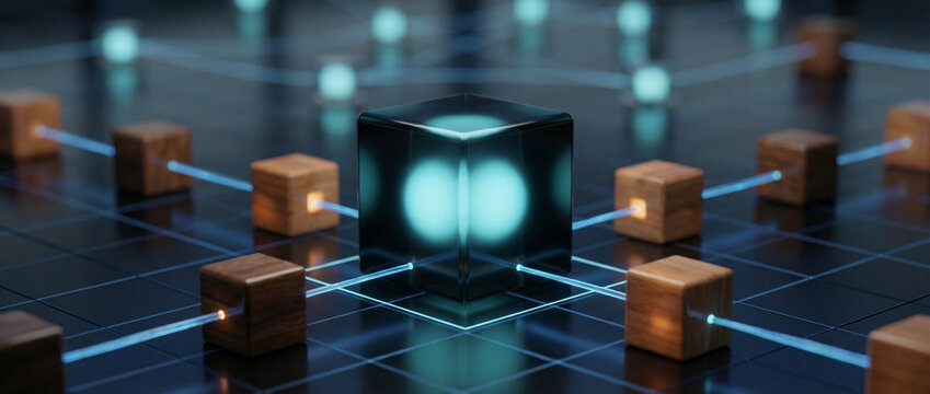 Abstract 3D render of blockchain technology network with glowing blue central block and connected nodes - Powered by Adobe