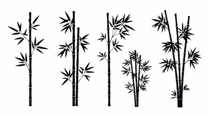 Obraz premium Set of black bamboo trees and leaves silhouettes on a white background.