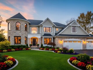 A stunning luxury suburban estate featuring a stone facade, manicured green lawn, and warm glowing windows during a colorful twilight