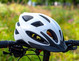 A white bike helmet rests on handlebars against a blurred green backdrop