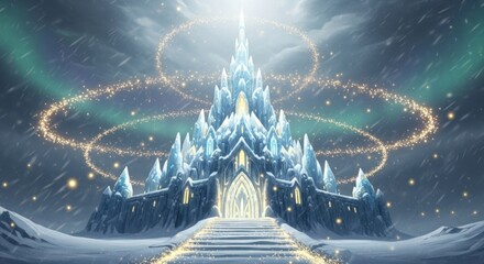 Enchanting Ice Castle Illuminated by Aurora Borealis and Cosmic Lights.