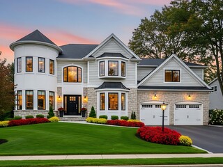 A stunning luxury suburban estate featuring a stone facade, manicured green lawn, and warm glowing windows during a colorful twilight