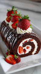 Chocolate Swiss Roll Cake with Strawberries