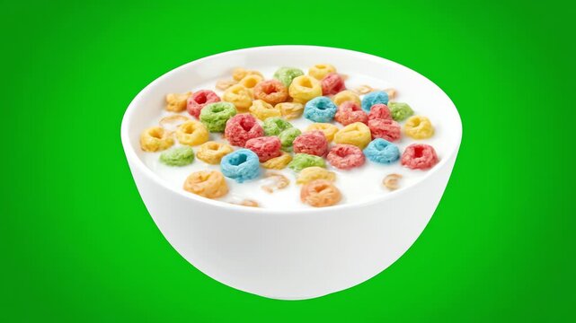 A bowl of colorful cereal rings with milk on a green background