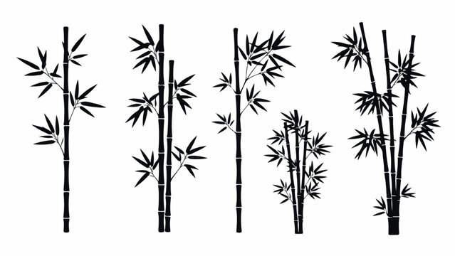 Set of black bamboo trees and leaves silhouettes on a white background.