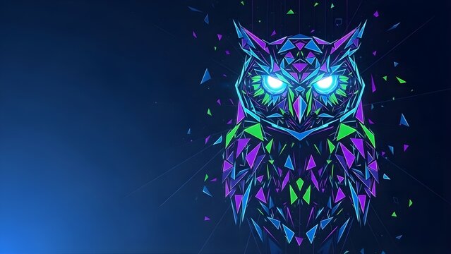 Abstract wallpaper featuring a stylized owl with neon geometric shapes, deep blue gradients, and glowing eyes. A mysterious futuristic design suitable for modern wallpapers and creative visual project