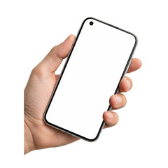 Hand Holding a Smartphone with a Blank White Screen Isolated on White Background