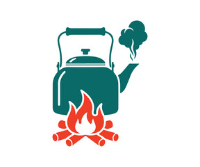 Heating water, kettle for travelers, camping, and trips. Vector graphic, glyph, standalone

