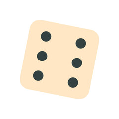 Fototapeta premium Flat dice cube with six black dots. Classic die piece for boardgame and hobby table activities. Fun toy for play and entertainment. Minimal style party recreation themes.