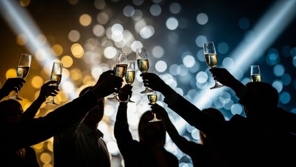 Fototapeta premium Silhouettes of people in formal attire clinking champagne glasses at a celebratory event with bokeh background lights