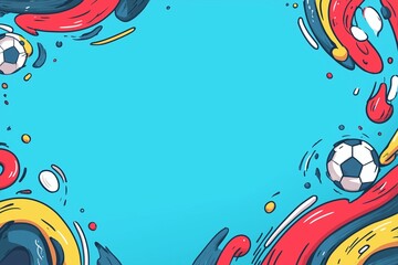 Colorful soccer-themed illustrated frame with abstract shapes and copy space.