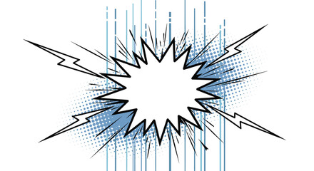 Fototapeta premium Dynamic comic book explosion speech bubble with lightning bolts and halftone effects against a white background for impact.