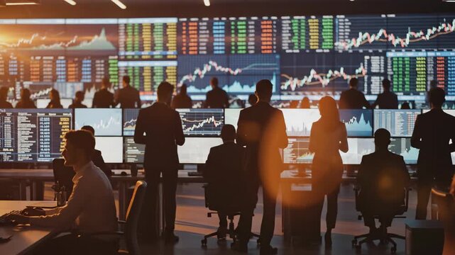 Busy financial traders work in dark stock market office trading room