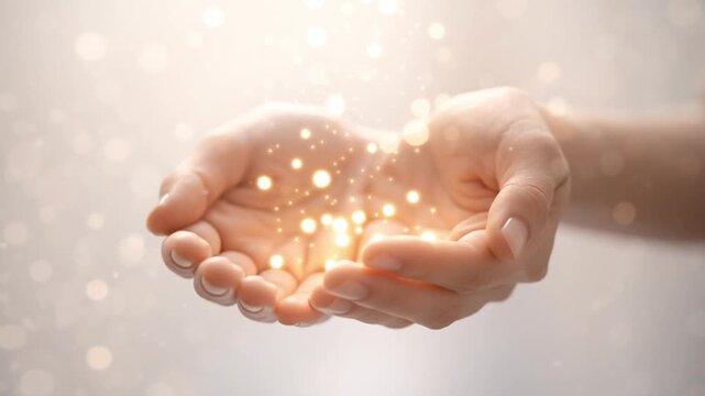 Warm hand cupped palm holding glowing technology light particles bokeh glow skin warmth particle filled hopeful energy gently cradled