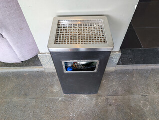 Metal Trash Bin with Stainless Steel Ashtray Top in Public Area