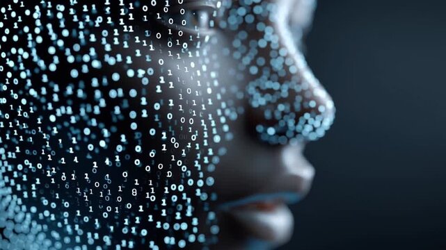 Digital technology human face portrait abstract profile with flowing binary code and glowing data creating futuristic digital emotion in cool soft blue lighting