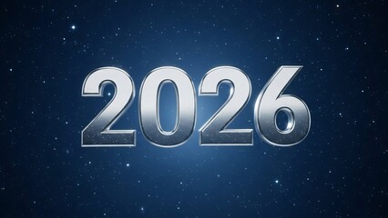 3D silver numbers 2026 floating in a dark blue starry sky with subtle light effects.