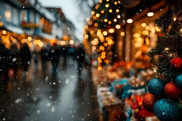 A decorated Christmas market stall with colorful ornaments and glowing lights stands beside a snowy, crowded street.