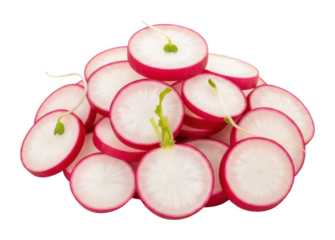 Freshly sliced radishes kitchen counter food bright light isolated on transparent background