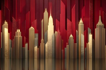 Golden skyscrapers form a stylized city skyline against a red geometric background.